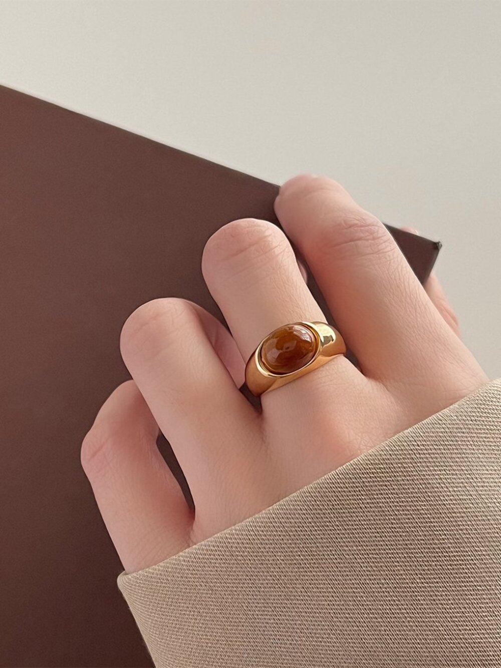 Vintage Gold Tone Adjustable Ring Brown Stone Oval Statement Ring Open Band